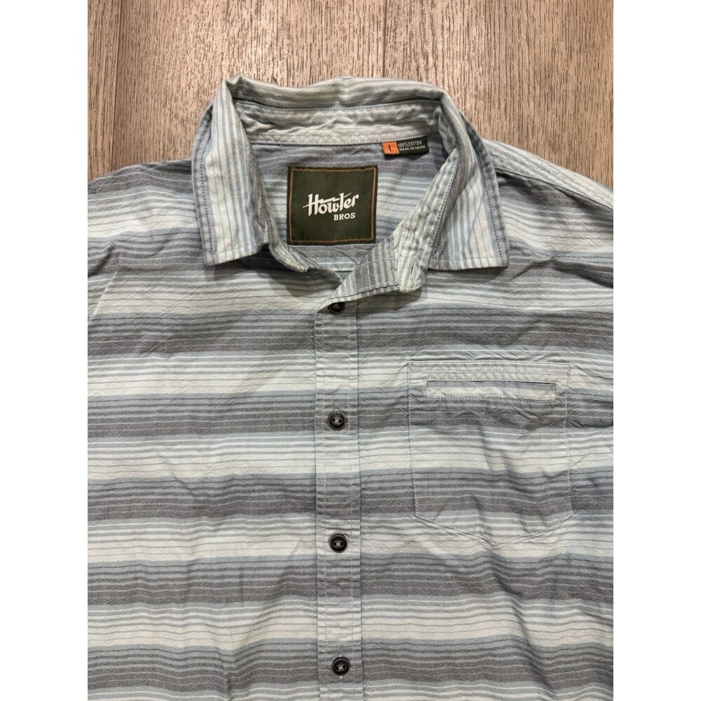 Howler Bros Men’s Large Button Down Shirt Blue Grey White Striped Cotton